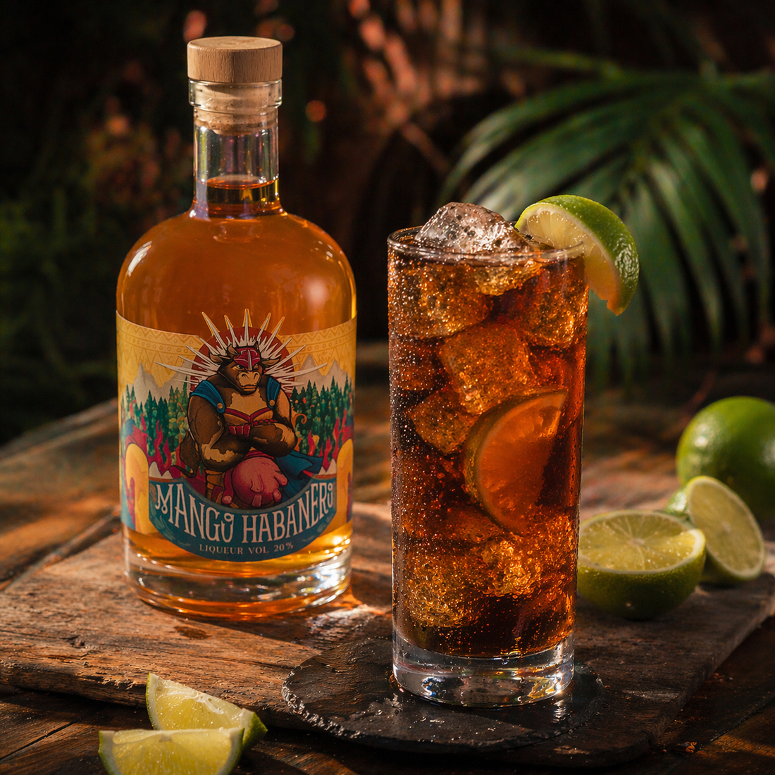 Cubra Libre mit Mango Habanero Likör von Gastein Moonshine. Erfrischender cocktail im long drink glas. mit  limetten garniert