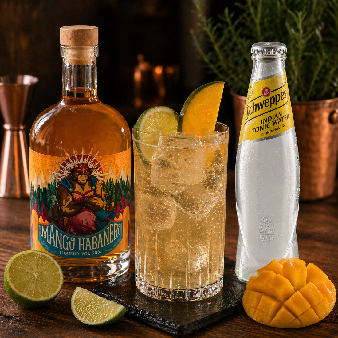 Mango Habanero Likör Cocktail mit Schweppes Indian Tonic Water, Limette und frischer Mango auf Eis – exotisch-frischer Longdrink mit leichter Schärfe