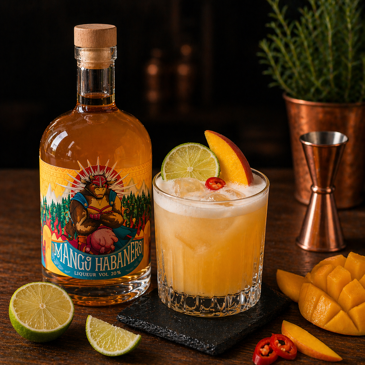 Spicy Mango Habanero Sour cocktail recipe with Mango Habanero liqueur from Gastein Moonshine, lime juice, egg white foam, and chili garnish
