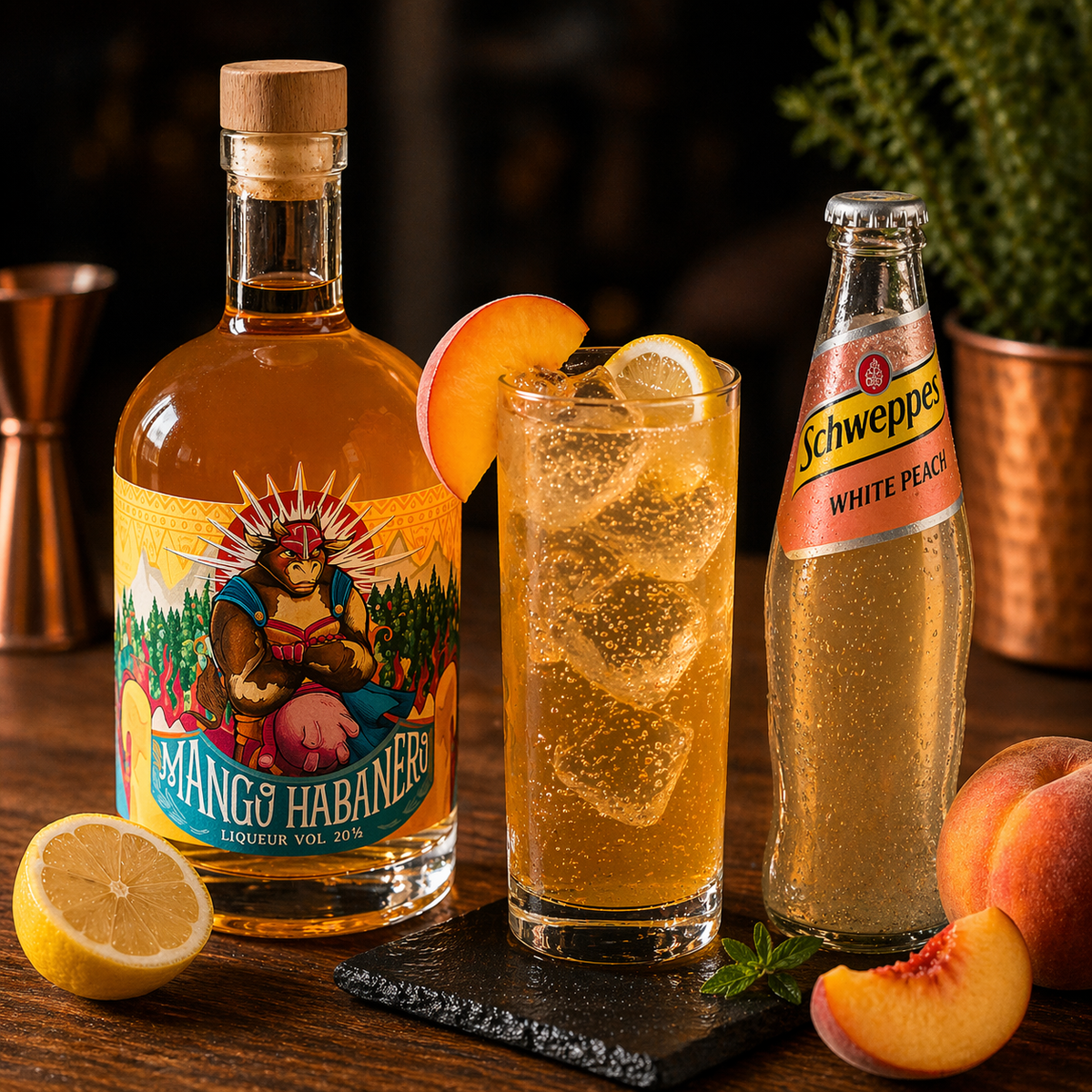 Mango Habanero Likör Cocktail mit Schweppes White Peach, frischem Pfirsich und Zitrone auf Eis – fruchtig-süßer Longdrink mit feiner Schärfe