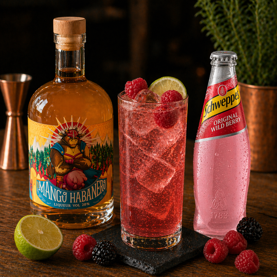 Mango Habanero Likör Cocktail mit Schweppes Wild Berry, Himbeeren und Limette auf Eis – fruchtig-scharfer Longdrink Rezept mit Mango Habanero Liqueur