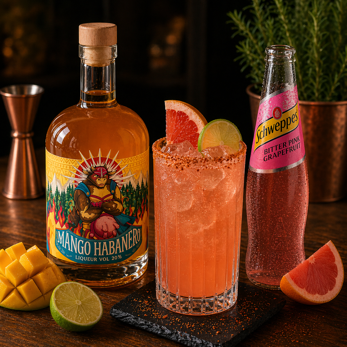 Spicy Mango Paloma cocktail with Mango Habanero Liqueur, Schweppes Bitter Pink Grapefruit, fresh lemon juice, ice, and grapefruit garnish