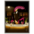 Albert the Bartender: a magenta snake in a bow tie behind a softly lit bar, oak floating frame