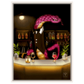 Albert the Bartender: a magenta snake in a bow tie behind a softly lit bar, white floating frame