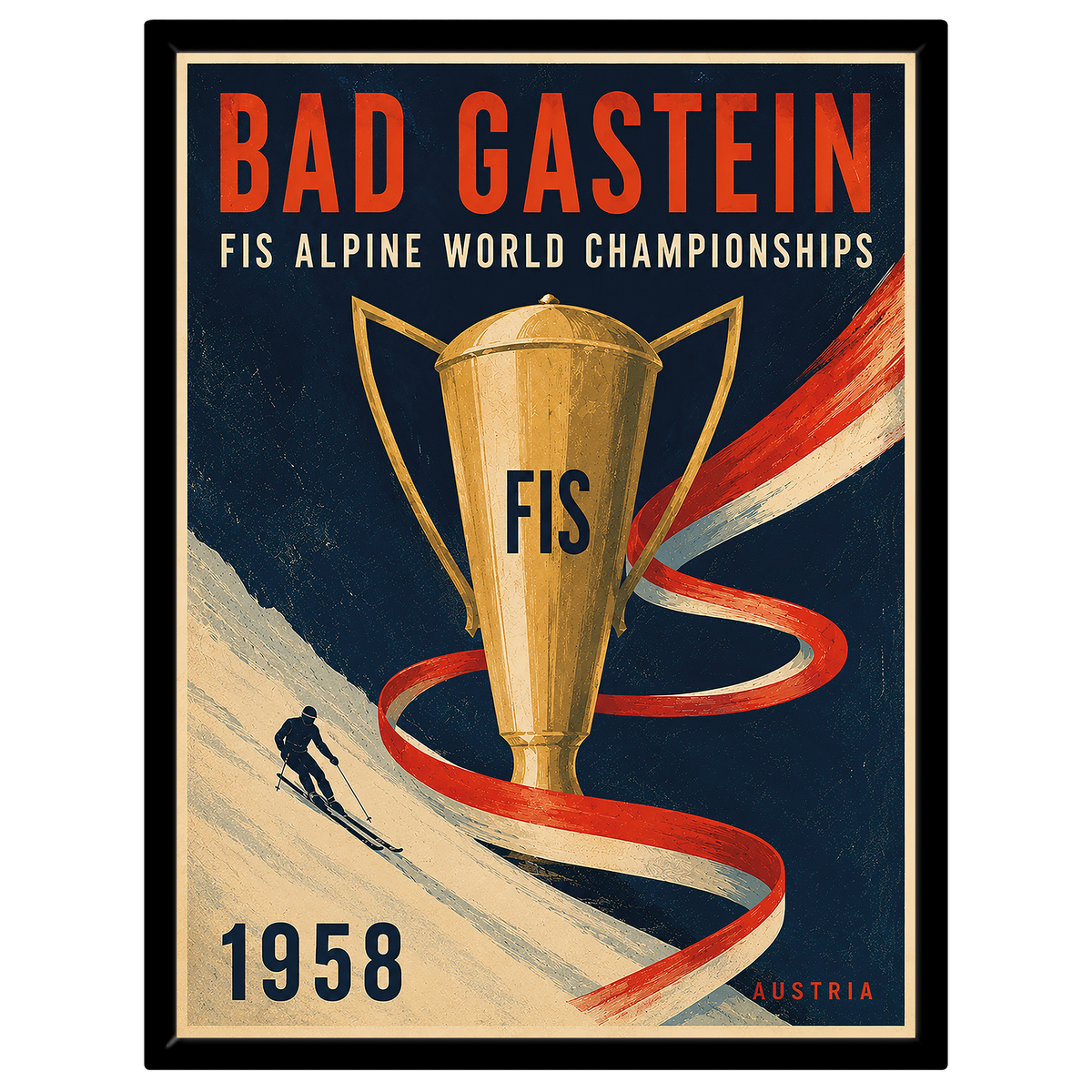Bad Gastein 1958 FIS Ski-Weltmeisterschaften Poster – Vintage Alpiner Skitrophäen-Druck | Österreich Sportkunst