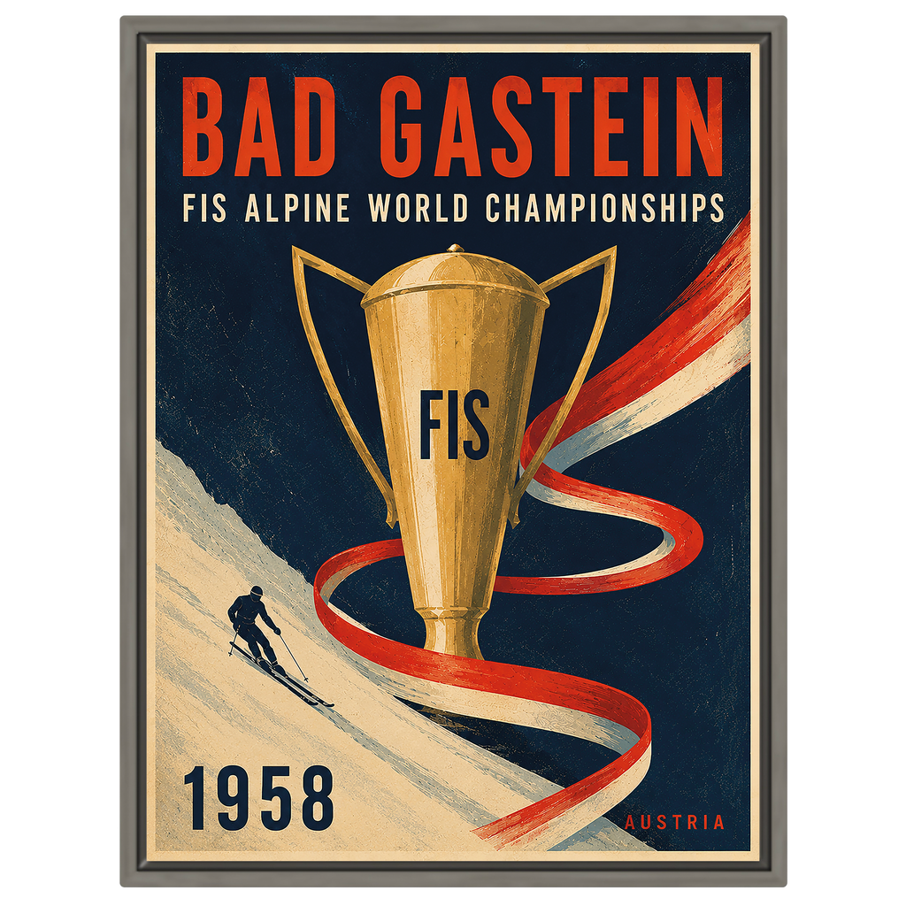 Bad Gastein 1958 FIS Ski-Weltmeisterschaften Poster – Vintage Alpiner Skitrophäen-Druck | Österreich Sportkunst