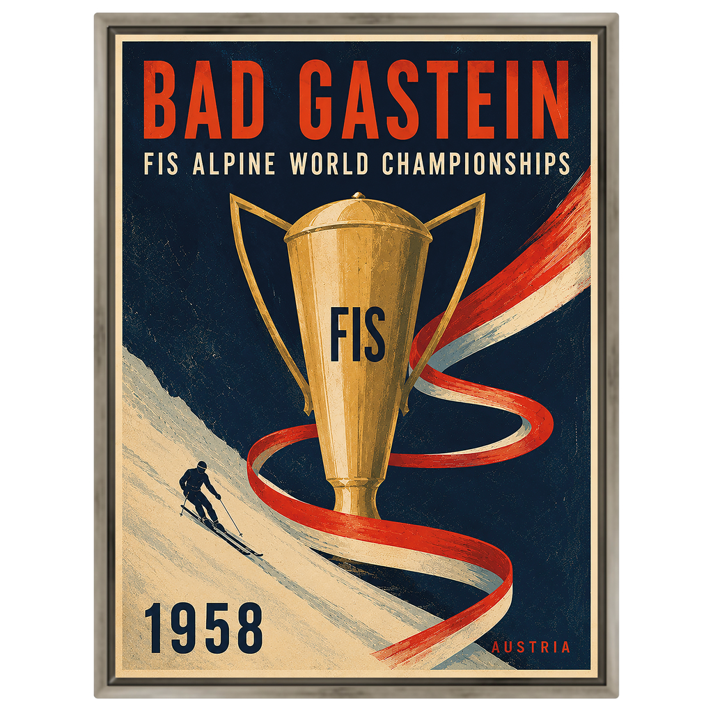 Bad Gastein 1958 FIS Ski-Weltmeisterschaften Poster – Vintage Alpiner Skitrophäen-Druck | Österreich Sportkunst