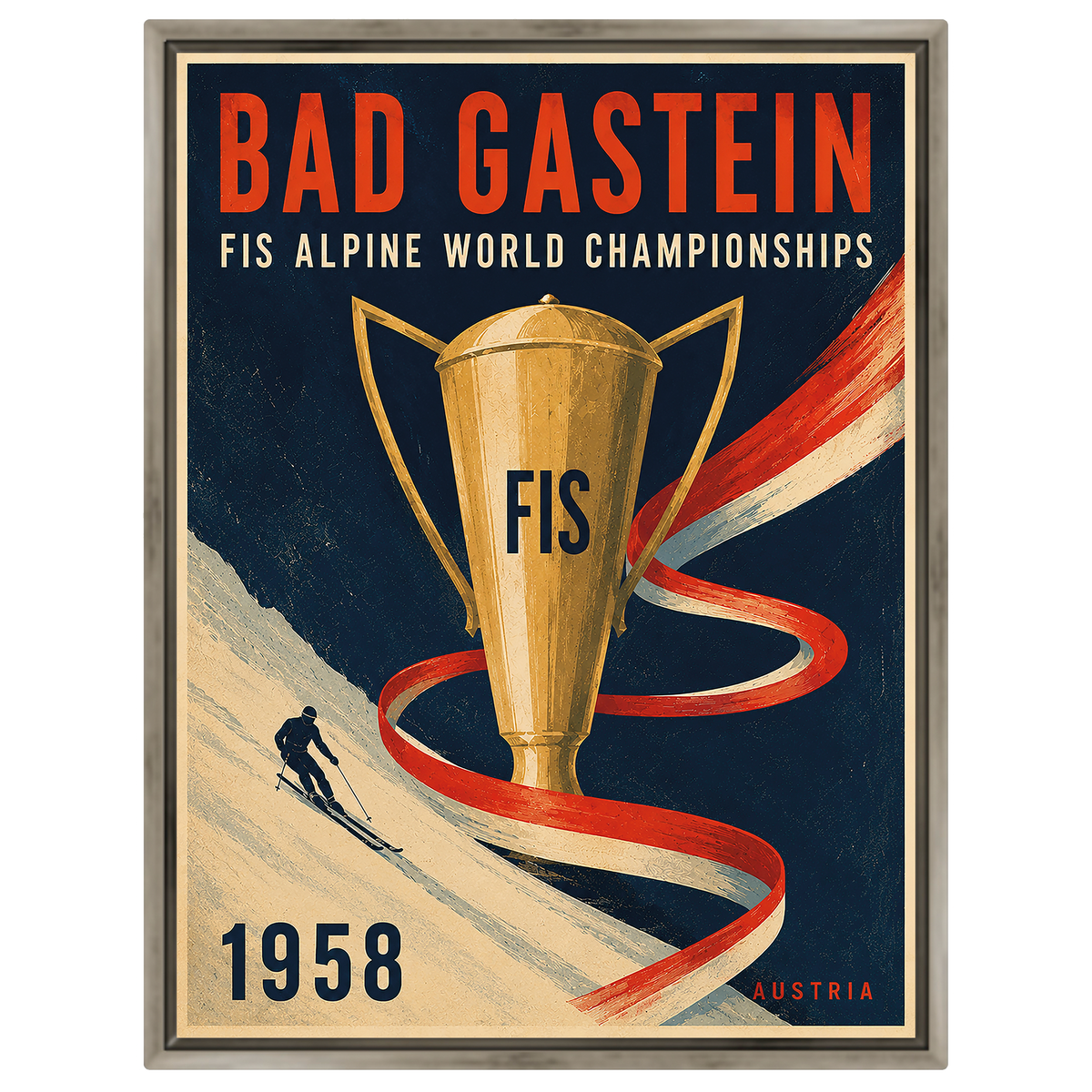 Bad Gastein 1958 FIS Ski-Weltmeisterschaften Poster – Vintage Alpiner Skitrophäen-Druck | Österreich Sportkunst