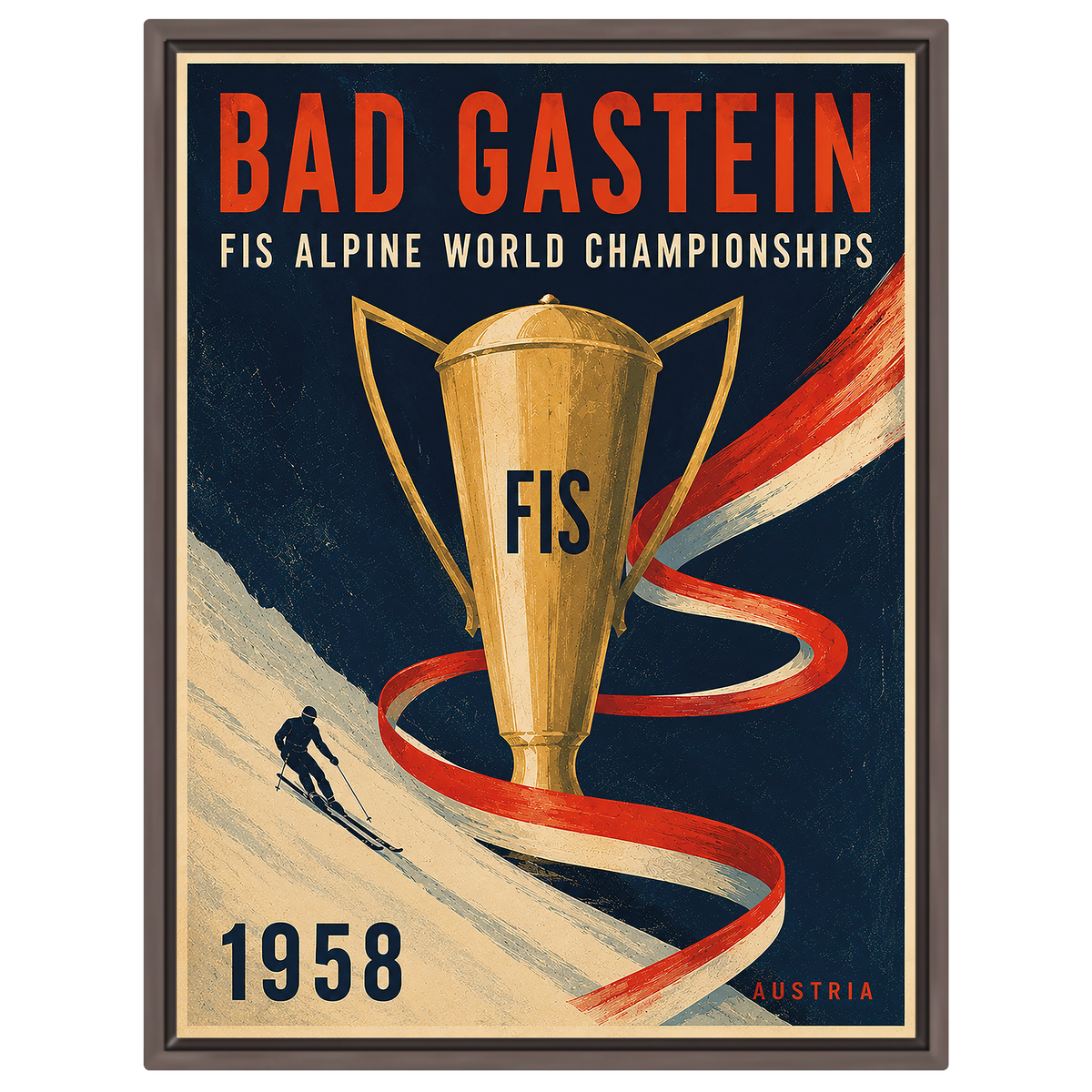 Bad Gastein 1958 FIS Ski-Weltmeisterschaften Poster – Vintage Alpiner Skitrophäen-Druck | Österreich Sportkunst