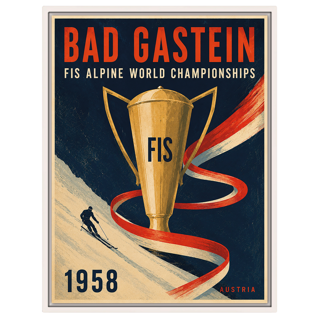 Bad Gastein 1958 FIS Ski-Weltmeisterschaften Poster – Vintage Alpiner Skitrophäen-Druck | Österreich Sportkunst