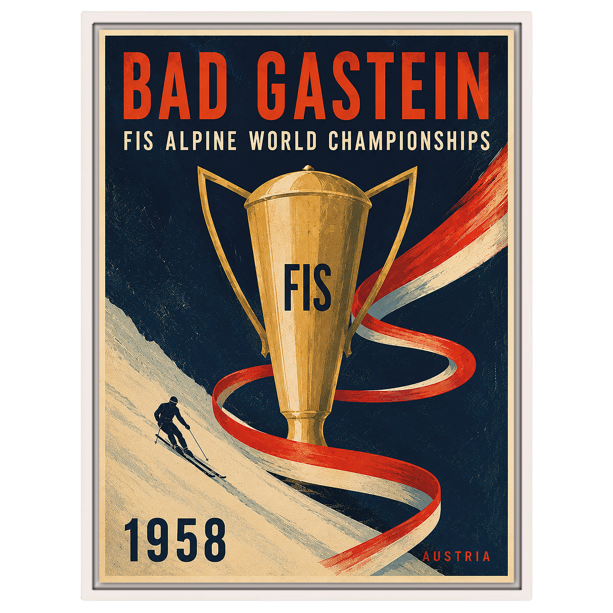 Bad Gastein 1958 FIS Ski-Weltmeisterschaften Poster – Vintage Alpiner Skitrophäen-Druck | Österreich Sportkunst