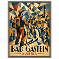 Cubist ski poster: a skier in ochre and blue planes before Bad Gastein's bridge and waterfall, oak floating frame