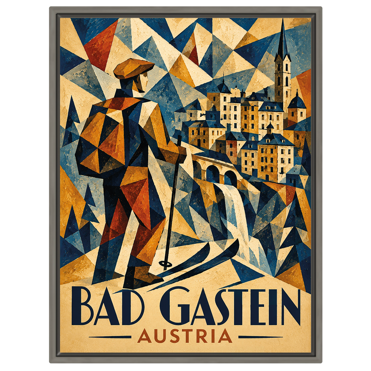 Kubistisches Ski-Poster Bad Gastein – Art Deco Österreich Reiseposter