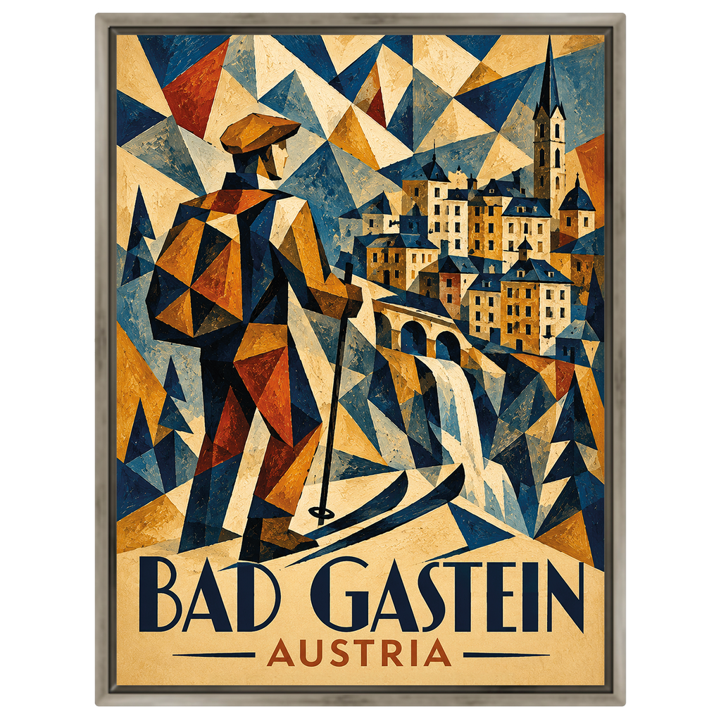 Kubistisches Ski-Poster Bad Gastein – Art Deco Österreich Reiseposter