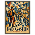 Cubist ski poster: a skier in ochre and blue planes before Bad Gastein's bridge and waterfall, silver floating frame
