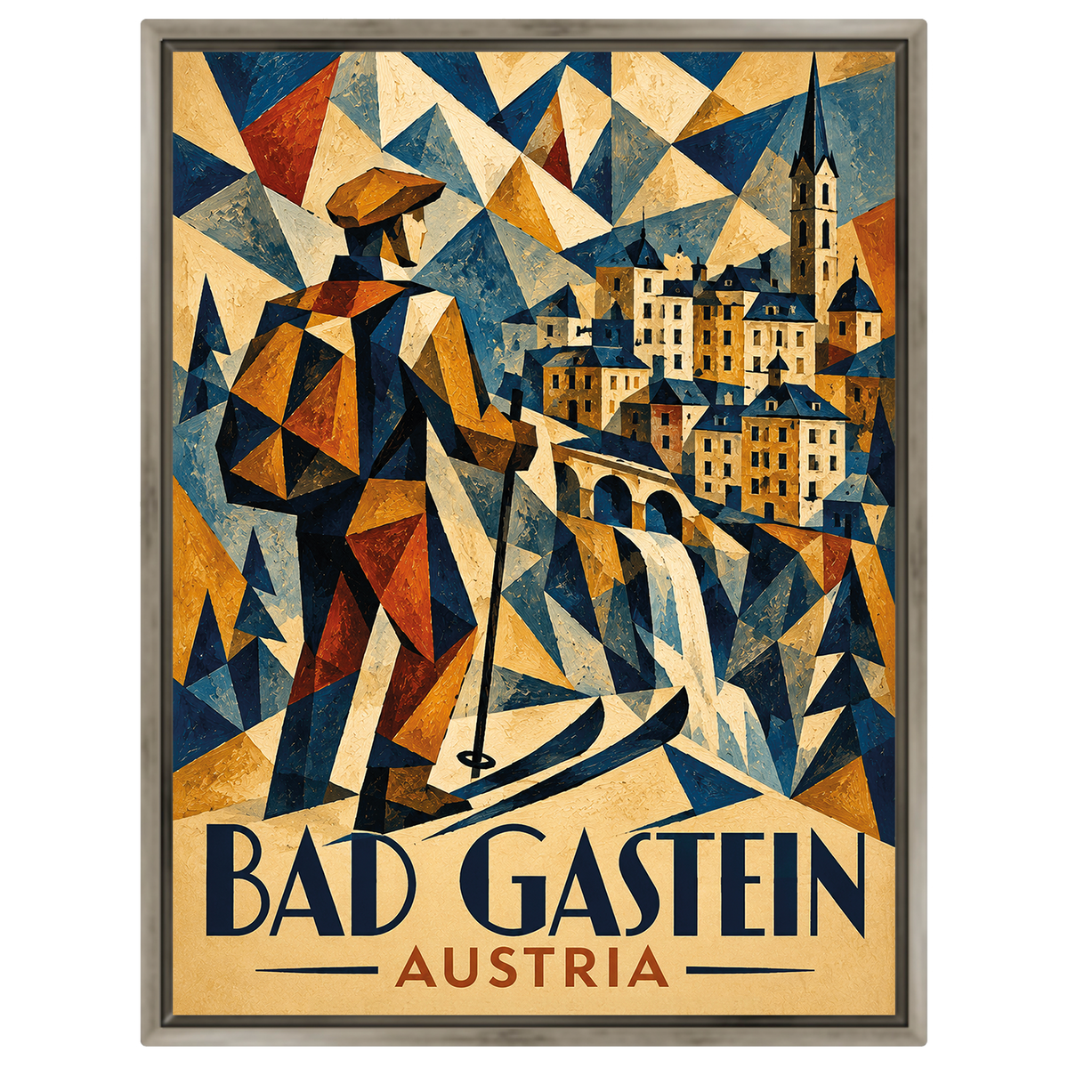 Kubistisches Ski-Poster Bad Gastein – Art Deco Österreich Reiseposter
