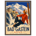 Bad Gastein ski poster: a woman in a red sweater rests in the snow above the waterfall, walnut floating frame