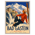 Bad Gastein ski poster: a woman in a red sweater rests in the snow above the waterfall, white floating frame