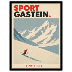 Sportgastein "Tiny Tibet": a lone skier in red below pale blue high-alpine peaks, black floating frame