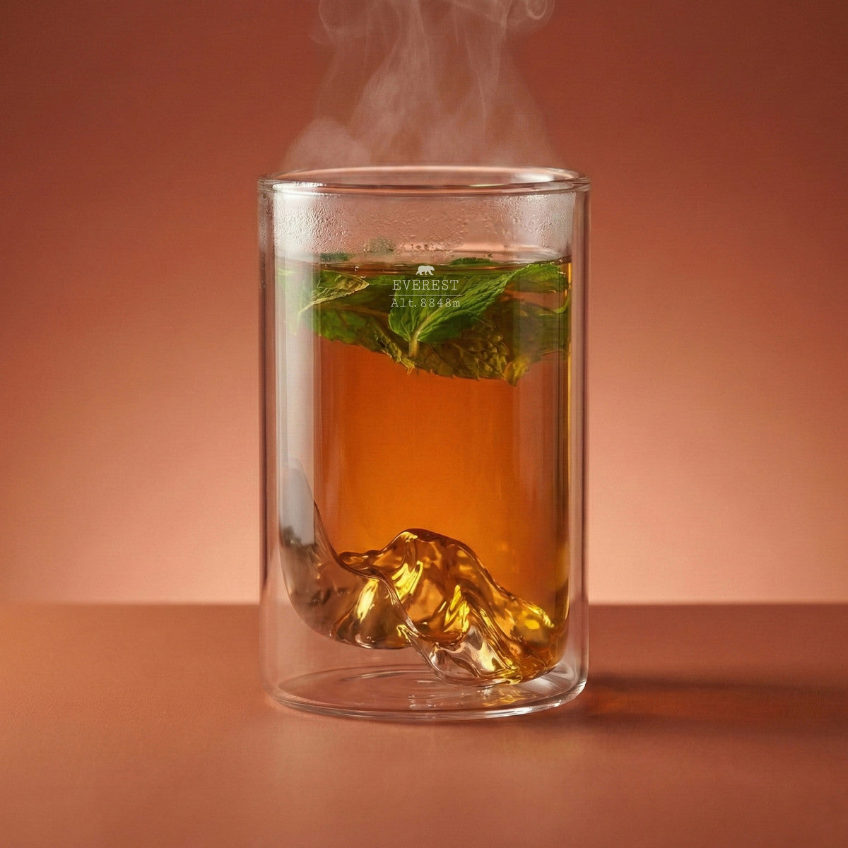 Mt. Everest double wall glass — steaming tea, mint