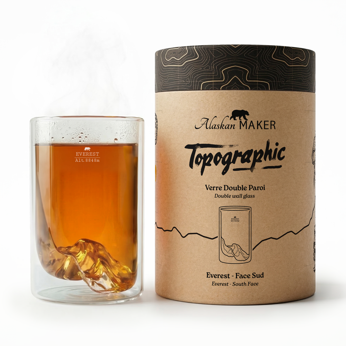 Mt. Everest double wall glass — beside its kraft travel-journal tube