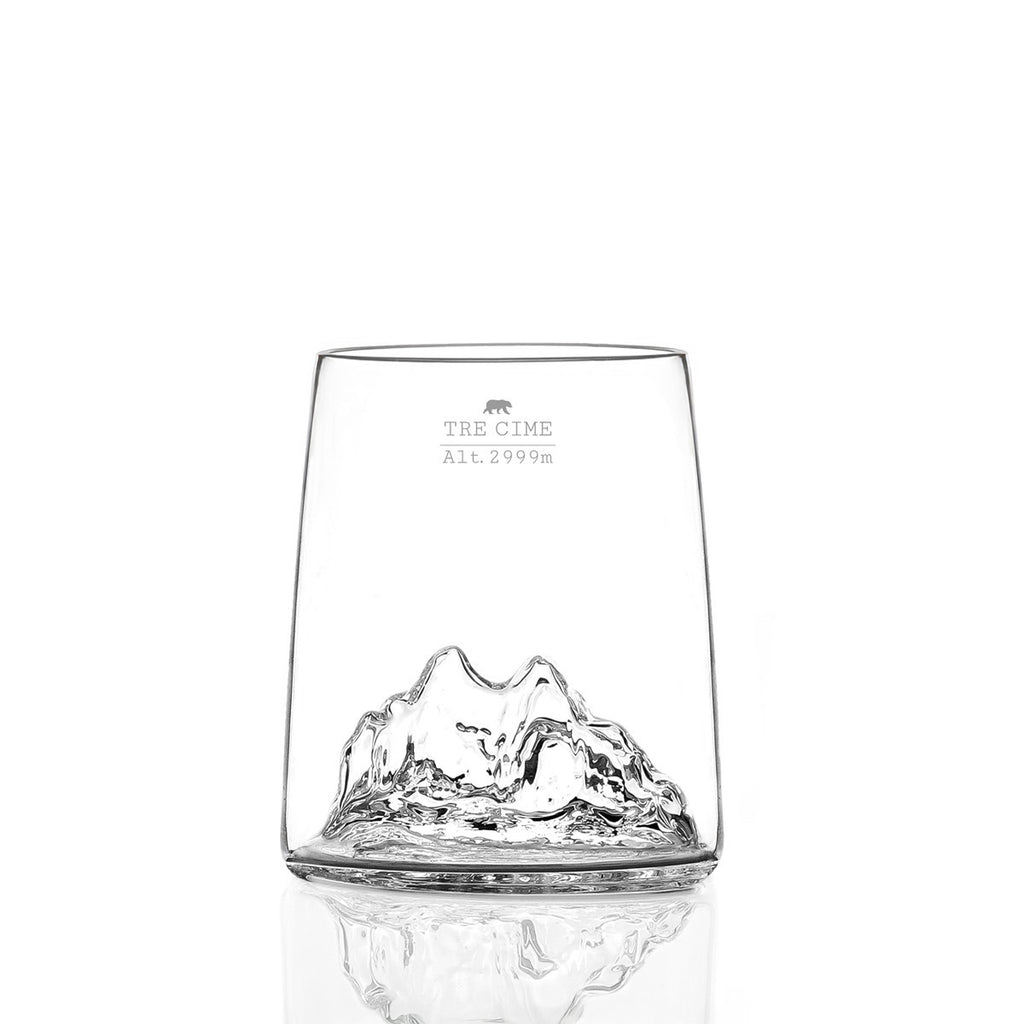 Tre Cime shooter glass, empty, showing the relief