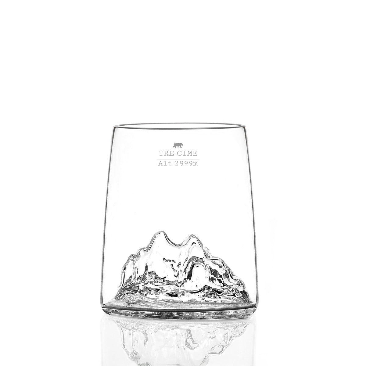 Tre Cime shooter glass, empty, showing the relief