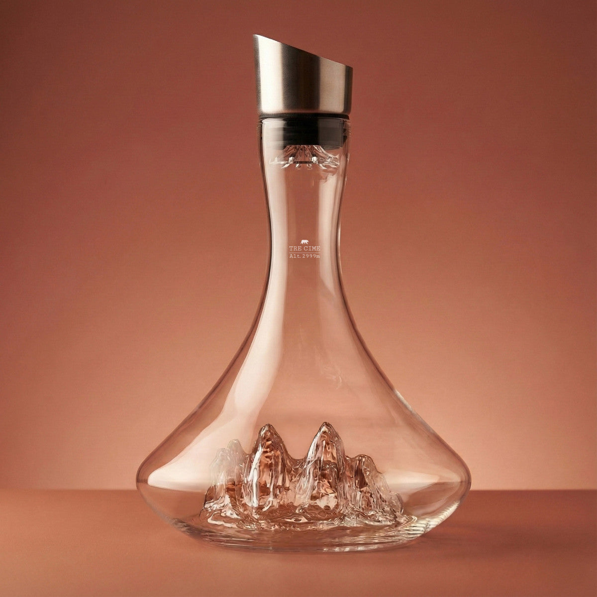 Tre Cime di Lavaredo wine decanter on a warm backdrop