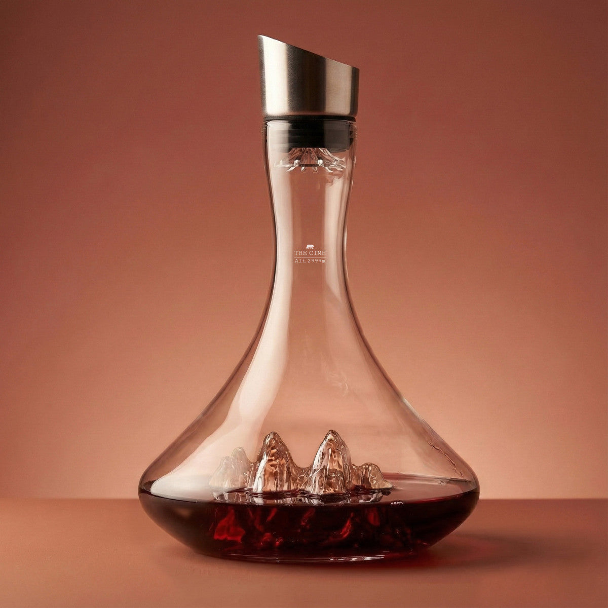 Tre Cime wine decanter filled with red wine
