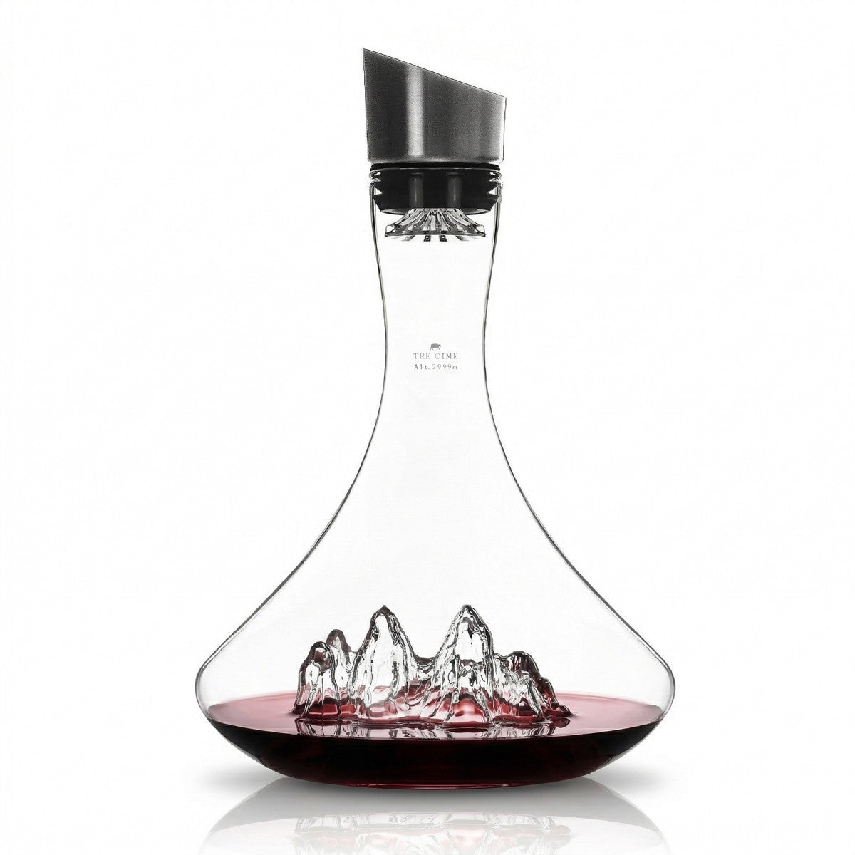 Tre Cime wine decanter holding a poured bottle