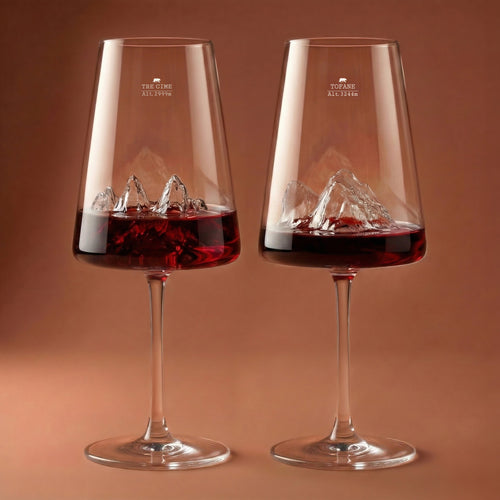 Two Tofane and Tre Cime di Lavaredo wine glasses filled with red wine