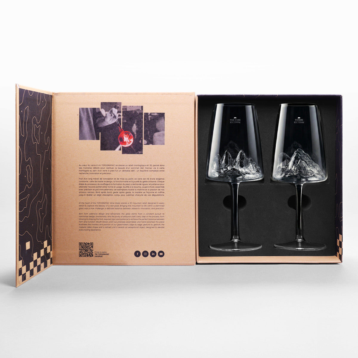 Open gift box holding the two topographic wine glasses