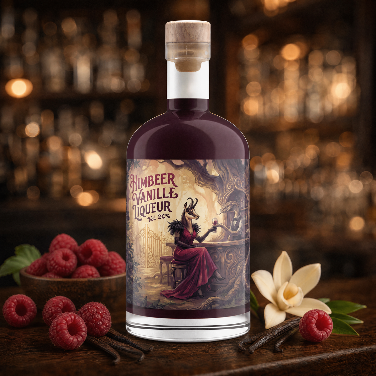 Himbeer Vanille Liqueur bottle with raspberries and vanilla